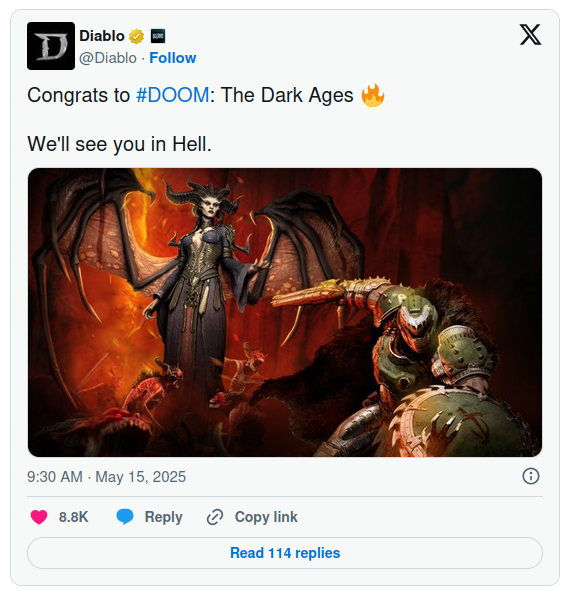 Screenshot of a Tweet from the Diablo IV Twitter account celebrating DOOM The Dark Ages.