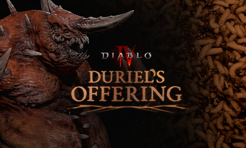 A disgusting demon lord, Duriel, from Diablo IV, is superimposed over a background of writhing maggots. Text overlaid reads, Diablo IV. Duriel’s offering.