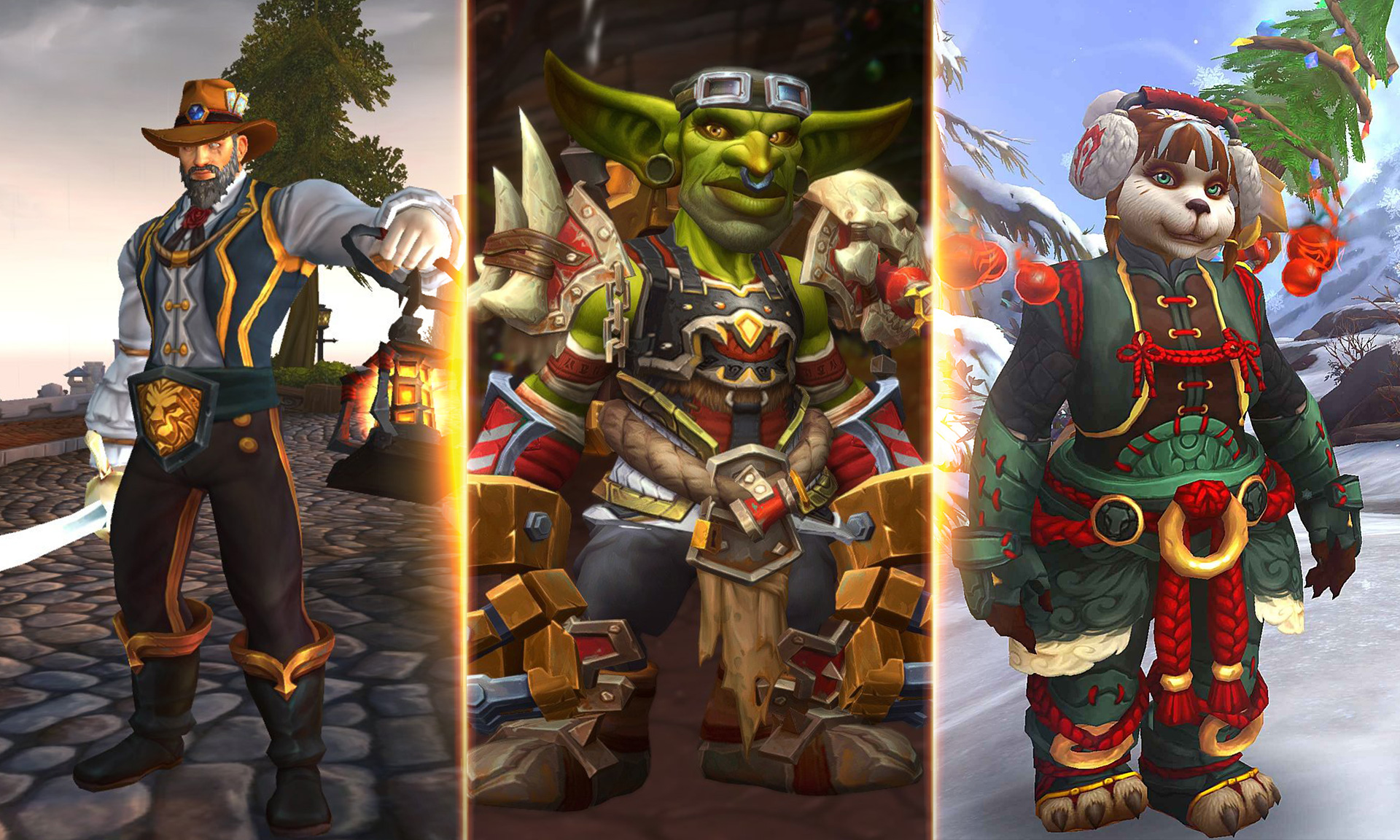 Three screenshots of World of Warcraft player characters side-by-side, all clad in a wide variety of in-game outfits.