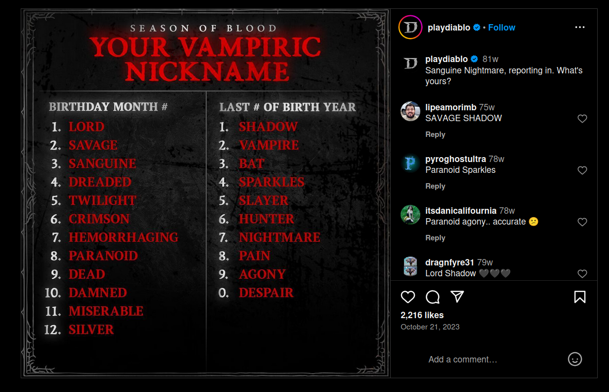 Screenshot of an Instagram post from the Diablo IV account, where viewers can ascertain their vampiric nickname based on their birthdate.